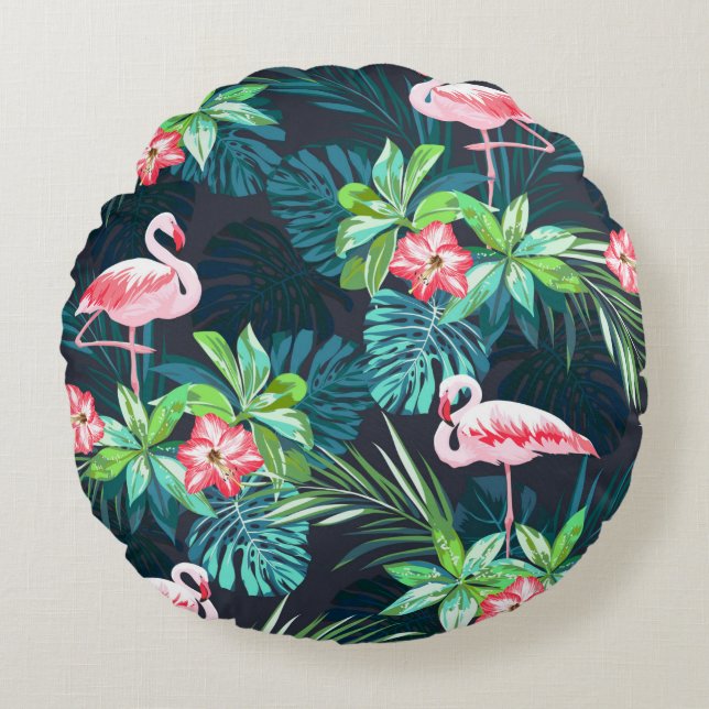 Tropical summer seamless pattern with flamingo bir rundes kissen (Vorderseite)