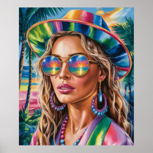 Tropical Sunset Babe Poster - Lebhafter Retro Stra