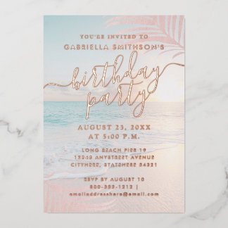 Tropical Sunset Beach Birthday Party Rosen Gold Folieneinladung