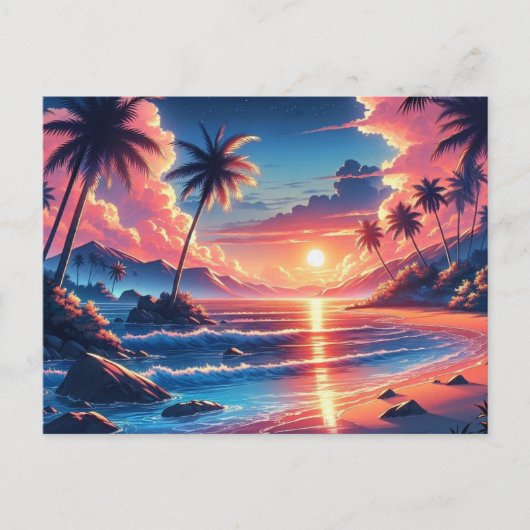 Tropical Sunset Beach Malerei Postkarte (Vorderseite)