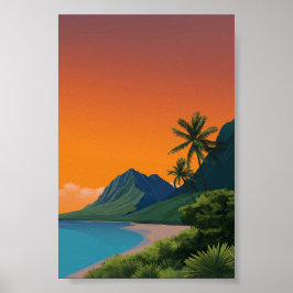 Tropical Sunset Beach - Mountain and Palm Art Poster