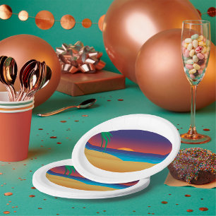 Tropical Sunset Beach Palm Blätter Ocean Waves Pappteller