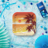 Tropical Sunset Beach Palm Tree Island Pappteller (Party)