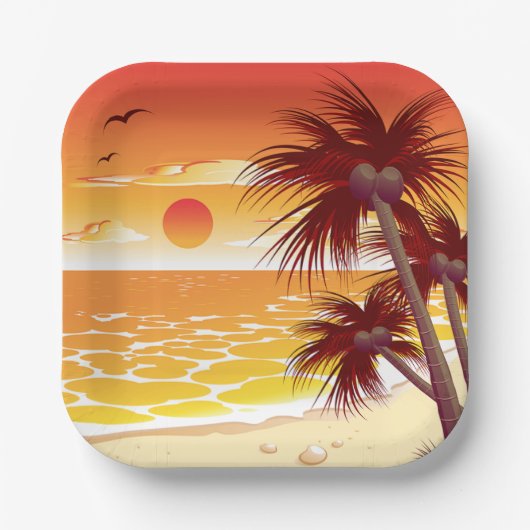 Tropical Sunset Beach Palm Tree Island Pappteller (Vorderseite)