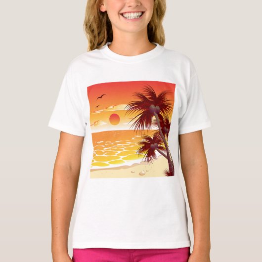 Tropical Sunset Beach Palm Tree Island T-Shirt (Vorderseite)