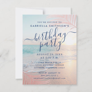 Tropical Sunset Beach Pink Geburtstagsparty Small Einladung