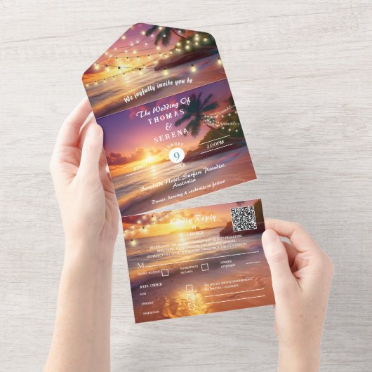 Tropical Sunset Beach QR Code Ocean All In One Einladung (Abreißen)