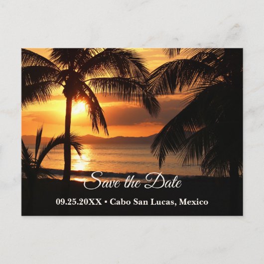 Tropical Sunset Beach Save the Date Postkarte (Vorderseite)