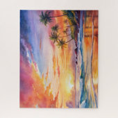 Tropical Sunset Beach Wasserfarbe, Palm, Ozean Puzzle (Vertikal)
