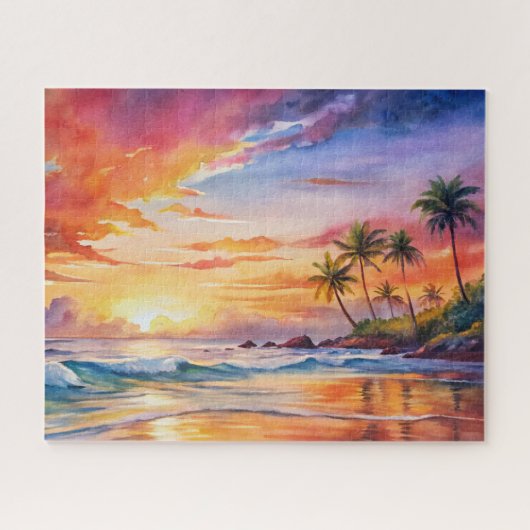 Tropical Sunset Beach Wasserfarbe, Palm, Ozean Puzzle (Horizontal)