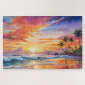 Tropical Sunset Beach Wasserfarbe, Palm, Ozean Puzzle (Horizontal)