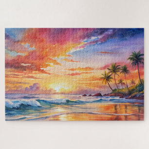Tropical Sunset Beach Wasserfarbe, Palm, Ozean Puzzle