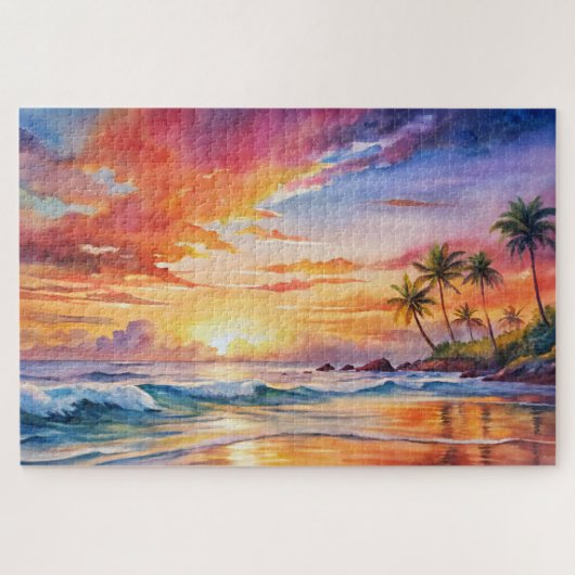 Tropical Sunset Beach Wasserfarbe, Palm, Ozean Puzzle (Horizontal)