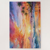 Tropical Sunset Beach Wasserfarbe, Palm, Ozean Puzzle (Vertikal)