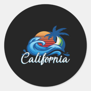 Tropical Sunset Cali Beach Waves Surfen USA Calif Runder Aufkleber