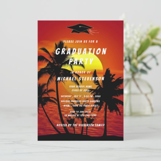 Tropical Sunset Ihr QR Code Abschluss Einladung (Stehend Vorderseite)