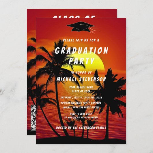Tropical Sunset Ihr QR Code Abschluss Einladung (Vorne/Hinten)