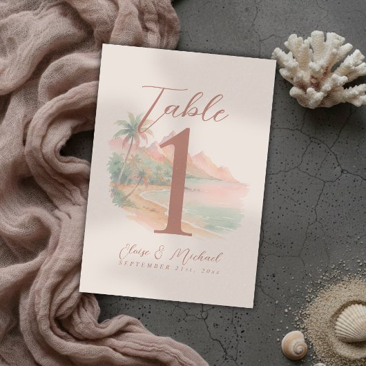 Tropical Sunset Island Beach Watercolor Wedding Tischnummer