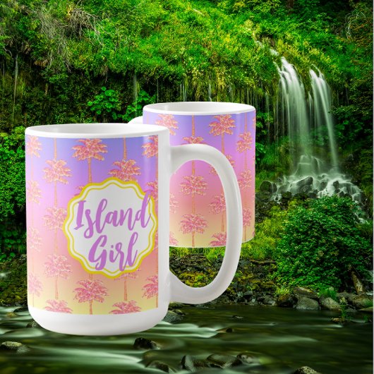 Tropical Sunset Island Girl Pink Palm Tree Tasse