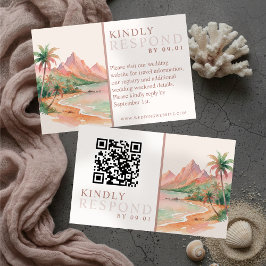 Tropical Sunset Island Watercolor Wedding QR  RSVP Karte