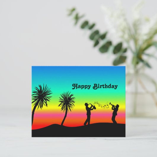 Tropical Sunset Musicians Silhouette Geburtstag Postkarte (Stehend Vorderseite)