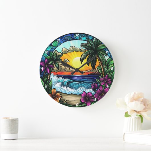Tropical Sunset Oasis Vibrannt Beach Wall Große Wanduhr (Zuhause)