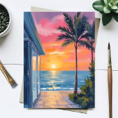 Tropical Sunset Palm Beach Ocean Watercolor Card
