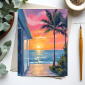 Tropical Sunset Palm Beach Ocean Watercolor Card