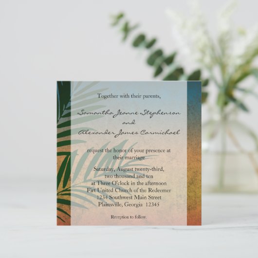 Tropical Sunset Palm Fronds Einladung (Stehend Vorderseite)