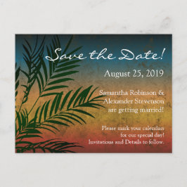 Tropical Sunset Palm Fronstrand Save the Date Ankündigungspostkarte