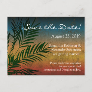 Tropical Sunset Palm Fronstrand Save the Date Ankündigungspostkarte