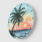 Tropical Sunset Palm Ocean Waves Große Wanduhr (Winkel)