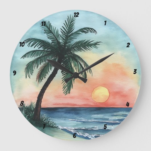 Tropical Sunset Palm Ocean Waves Große Wanduhr (Vorderseite)