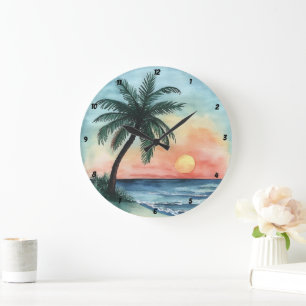 Tropical Sunset Palm Ocean Waves Große Wanduhr