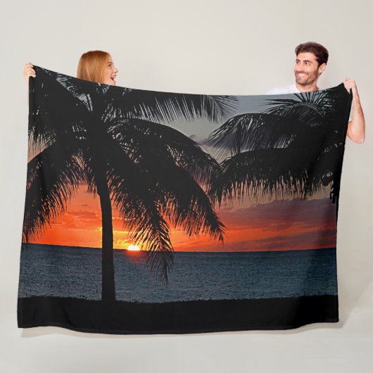 Tropical Sunset Palm Tree Beach Fleecedecke (Beispiel)
