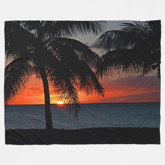 Tropical Sunset Palm Tree Beach Fleecedecke (Vorderseite (Horizontal))