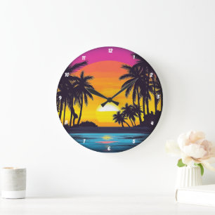 Tropical Sunset Palm Tree Beach Große Wanduhr