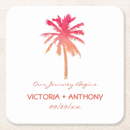 Tropical Sunset Palm Tree Beach Hochzeit Rechteckiger Pappuntersetzer (Vorderseite)