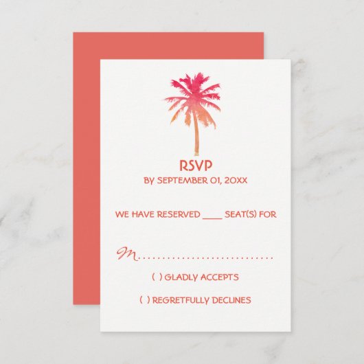 Tropical Sunset Palm Tree Beach Hochzeit RSVP Karte (Vorne/Hinten)