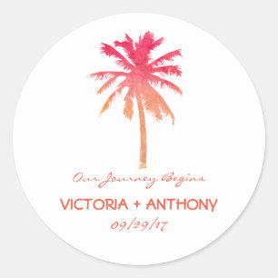 Tropical Sunset Palm Tree Beach Hochzeit Runder Aufkleber