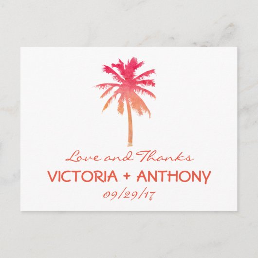 Tropical Sunset Palm Tree Beach Hochzeit Vielen Da Postkarte (Vorderseite)