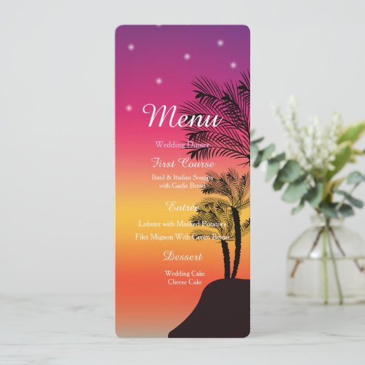 Tropical Sunset Palm Tree Beach MENU Wedding Card Einladung (Stehend Vorderseite)