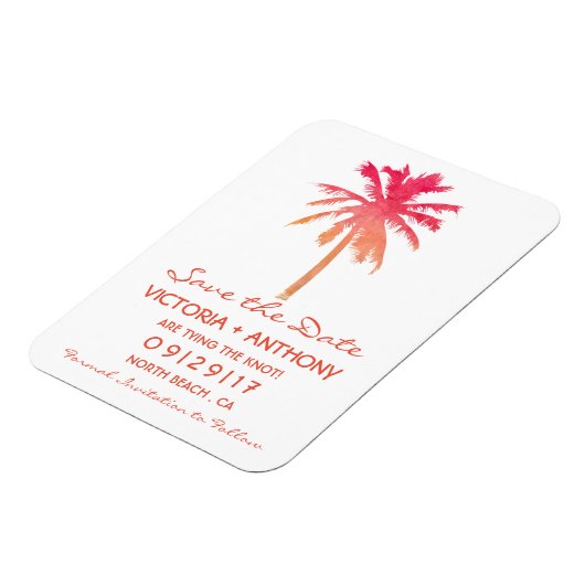 Tropical Sunset Palm Tree Beach Save the Date Magnet (Linke Seite)