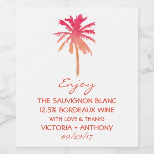 Tropical Sunset Palm Tree Beach Wedding Gefallen Weinetikett (Einzelnes Label)