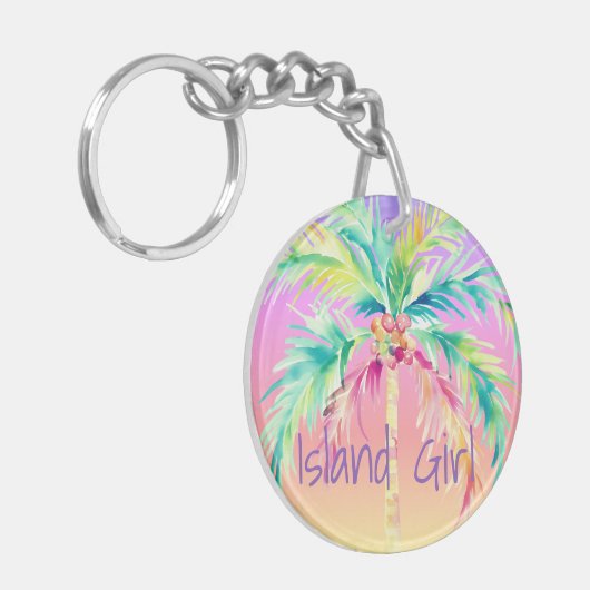 Tropical Sunset Palm Tree Island Girl Schlüsselanhänger (Vorderseite links)