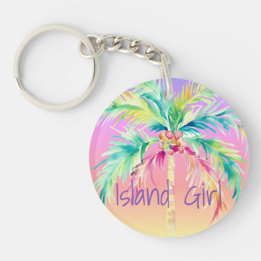 Tropical Sunset Palm Tree Island Girl Schlüsselanhänger (Vorderseite)