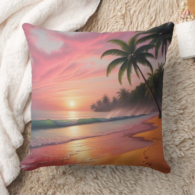 Tropical Sunset Paradise Beach Szene Kissen (Decke)