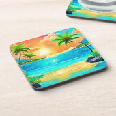 Tropical Sunset Paradise Beach View Getränkeuntersetzer (Linke Seite)