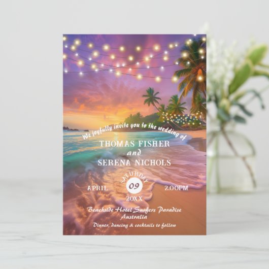 Tropical Sunset QR Code Beach Hochzeit Einladung (Stehend Vorderseite)