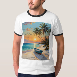 Tropical Sunset Rowboat Beach Painting Tshirt